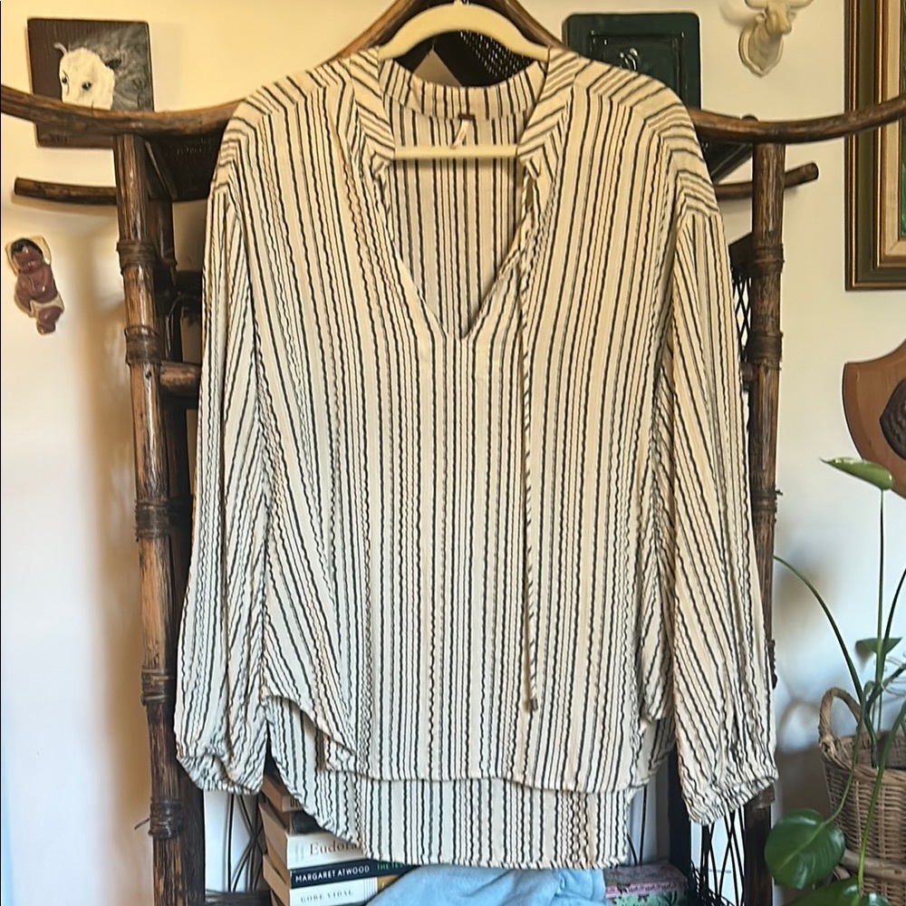 Free People Tan and White Long Sleeve Tie Front Blouse